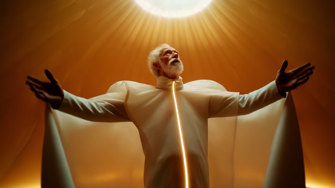 A radiant figure stands in a warm, glowing environment, showcasing an elegant attire that captures light perfectly, symbolizing enlightenment and spiritual awakening amidst a golden ambiance