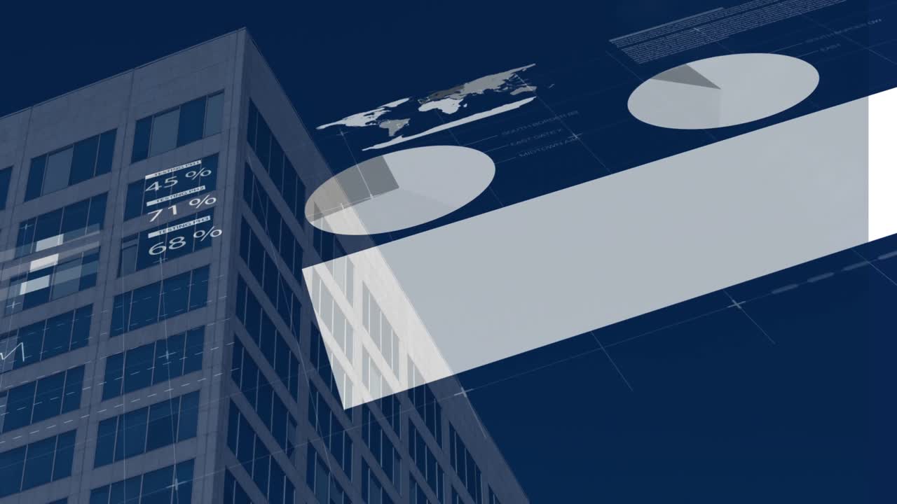 파란색 배경에 높은 건물 위의 금융 및 통계 데이터 처리