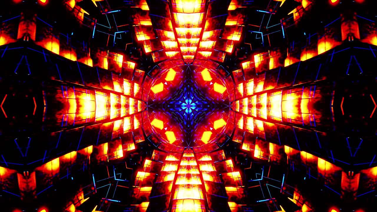 Volando attraverso un tunnel di cubi metallici blu e arancioni. Loop VJ caleidoscopico