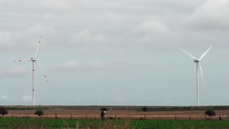 A-worker-between-two-wind-turbines-in-a-wind-energy-farm-in-Mexico,-wide-shot