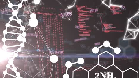 Animation-of-changing-numbers-over-dna-helix,-molecule-structures-against-computer-language