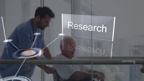 animation of research, strategy over caucasian male doctor with senior patient on wheelchair