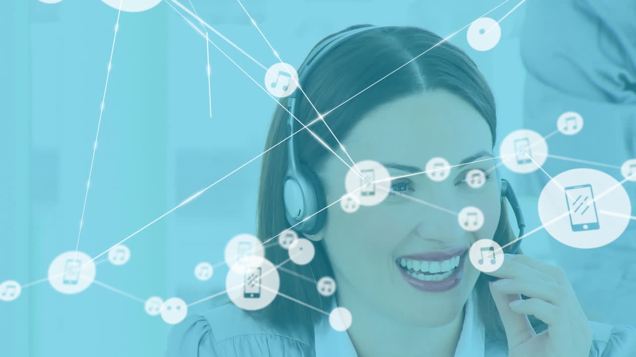animación de la red de conexiones con iconos sobre mujer de negocios biracial usando auriculares de teléfono.