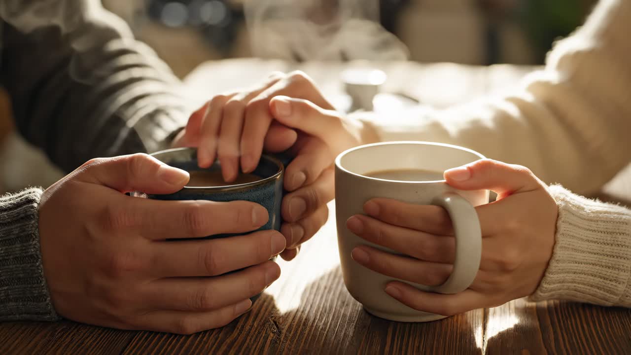 커플 이 함께 커피 를 마시고 있다