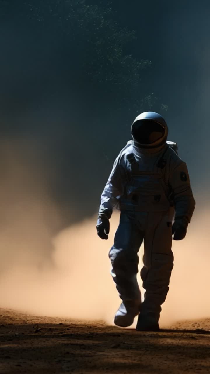 An astronaut walks through a dusty landscape, the sunlight illuminating against a backdrop of swirling particles, evoking feelings of exploration and adventure