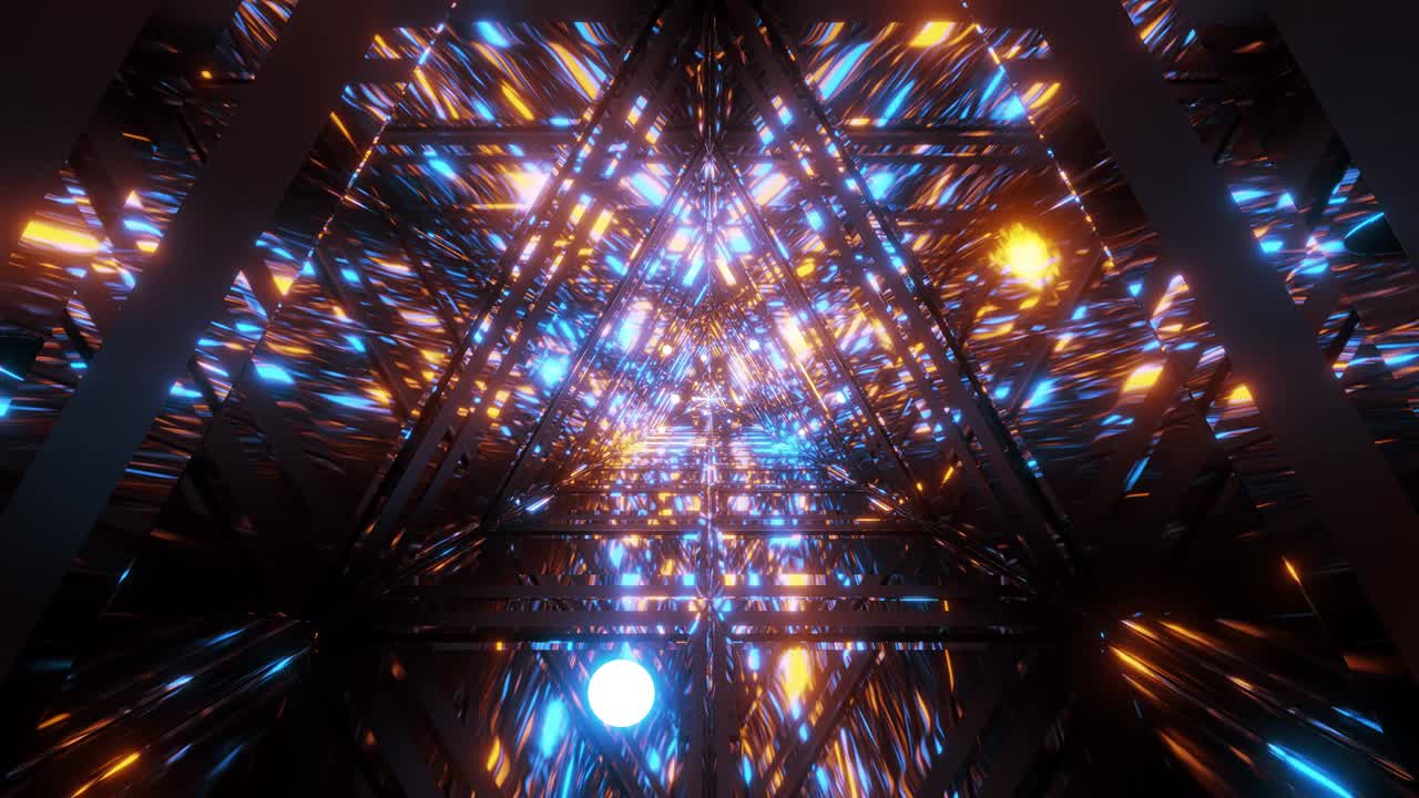 abstracto galaxia reflexión triángulo diseño de túnel de vidrio con partículas de esferas brillantes voladoras ilustración 3d en vivo papel tapiz movimiento fondo club visuales vj bucle