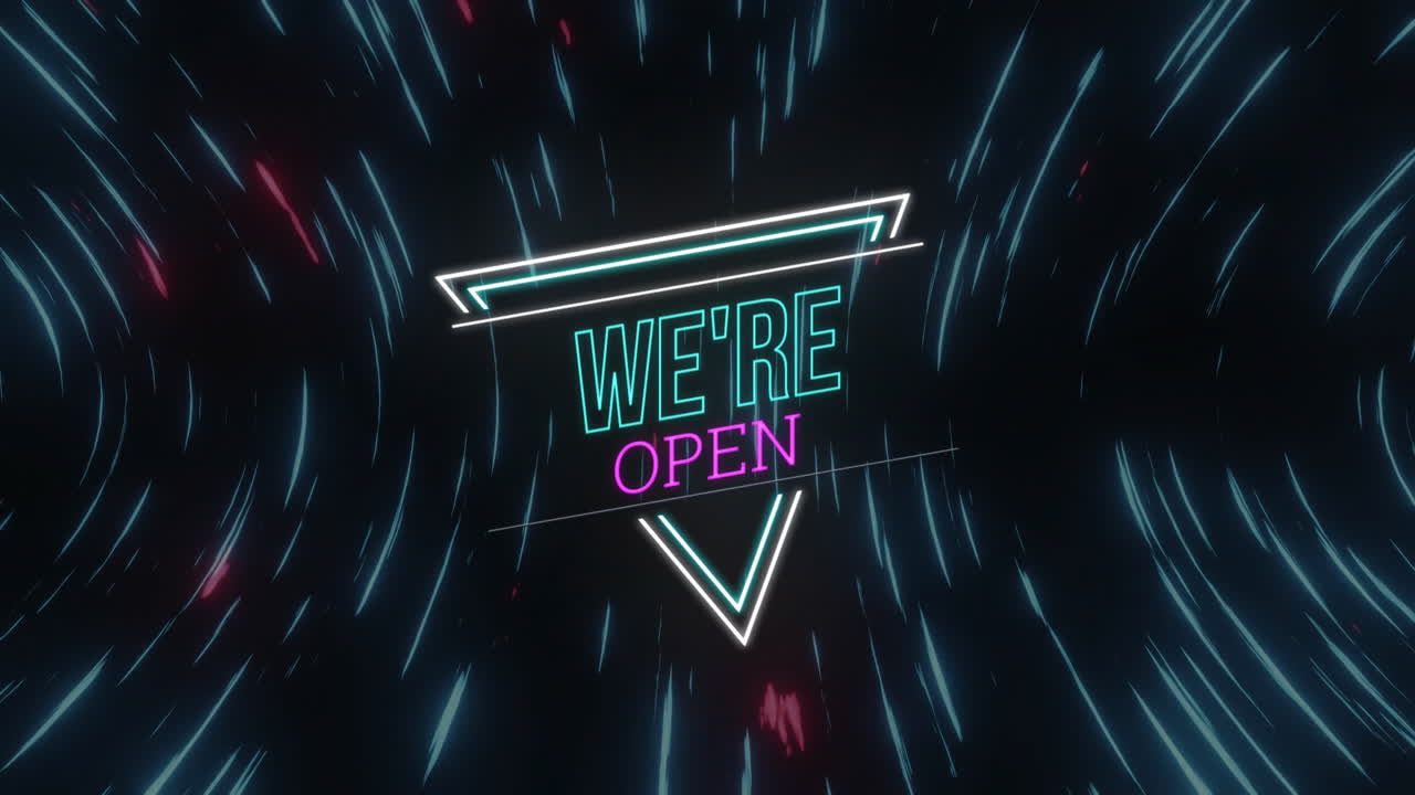 Animation of we're open neon text over light trails on black background