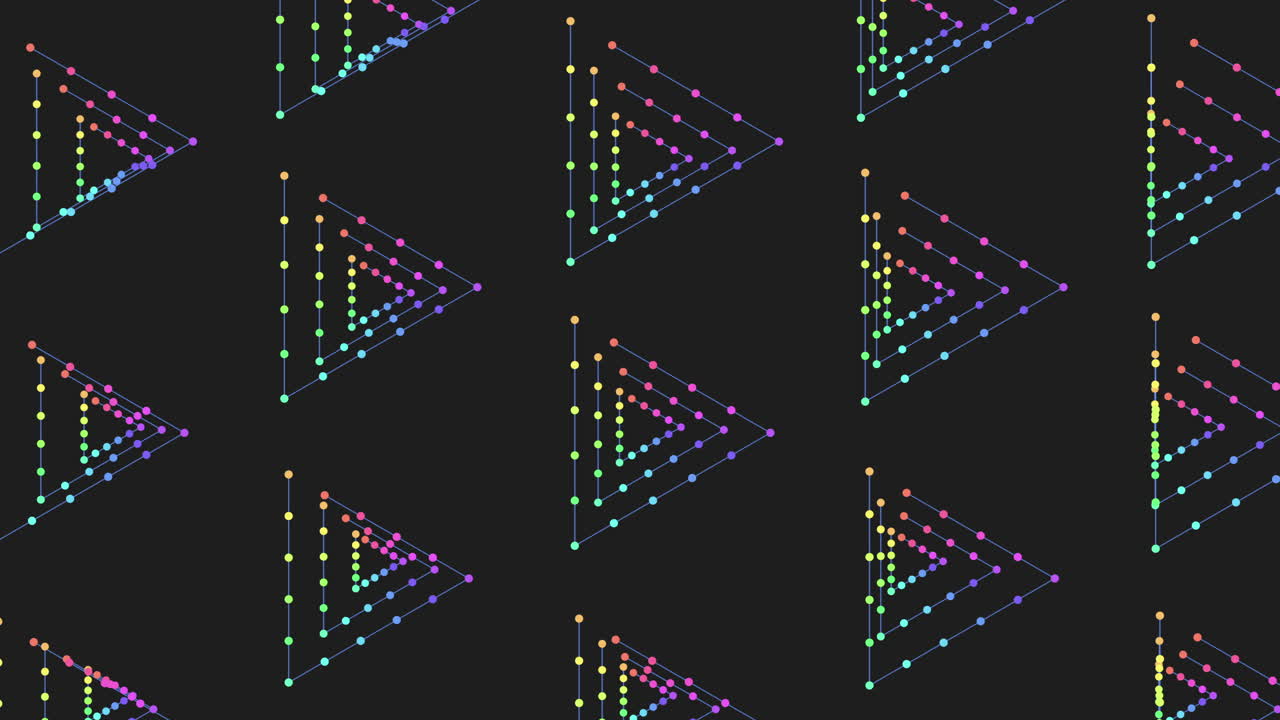 검정 그라데이션에 네온 점이 있는 디지털 원활한 무지개 삼각형 패턴