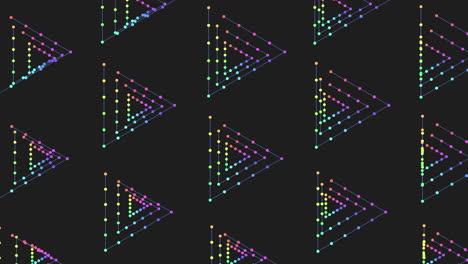 patrón digital de triángulos arcoíris sin costuras con puntos de neón en degradado negro