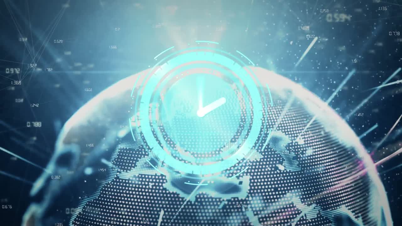 회전하는 지구 위로 이동하는 연결과 시계의 애니메이션