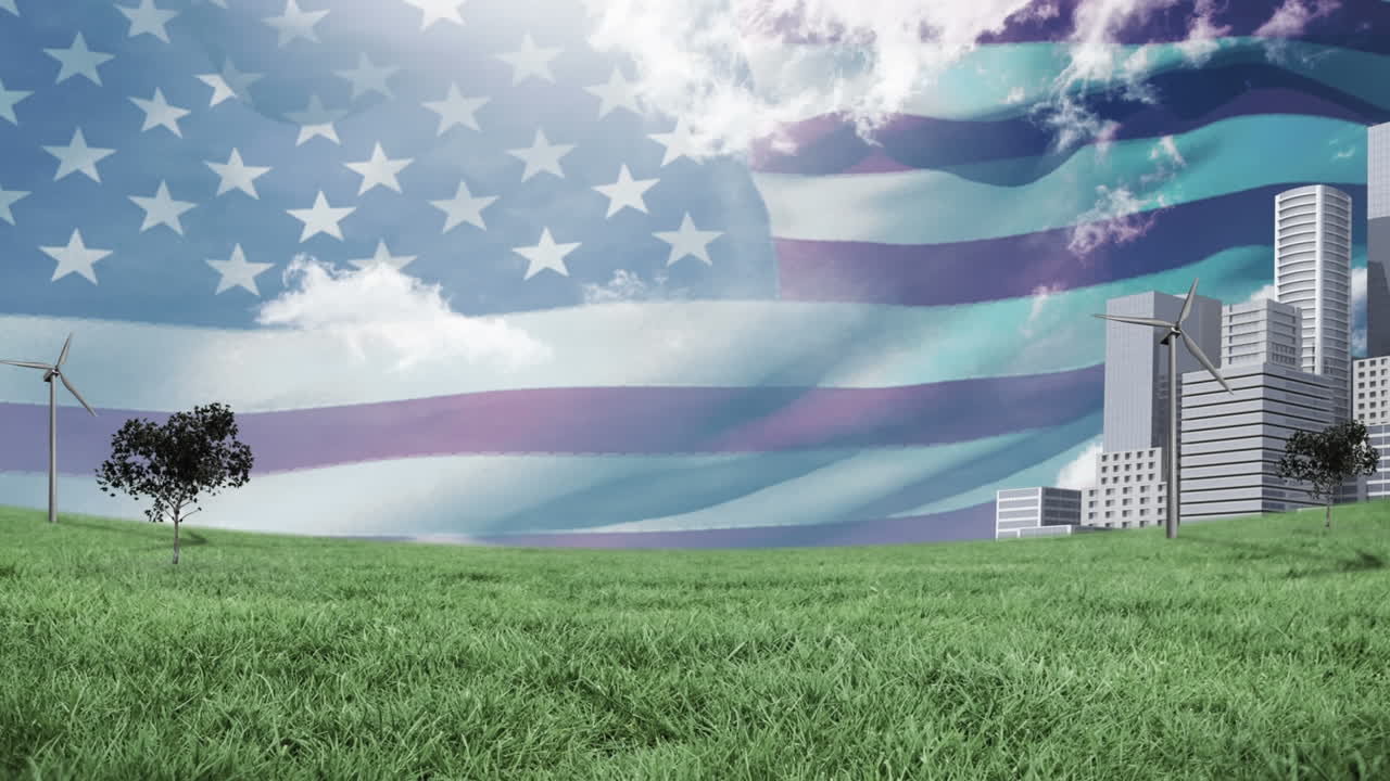 녹색 풍경과 고층 건물에 풍차의 디지털 애니메이션 4k