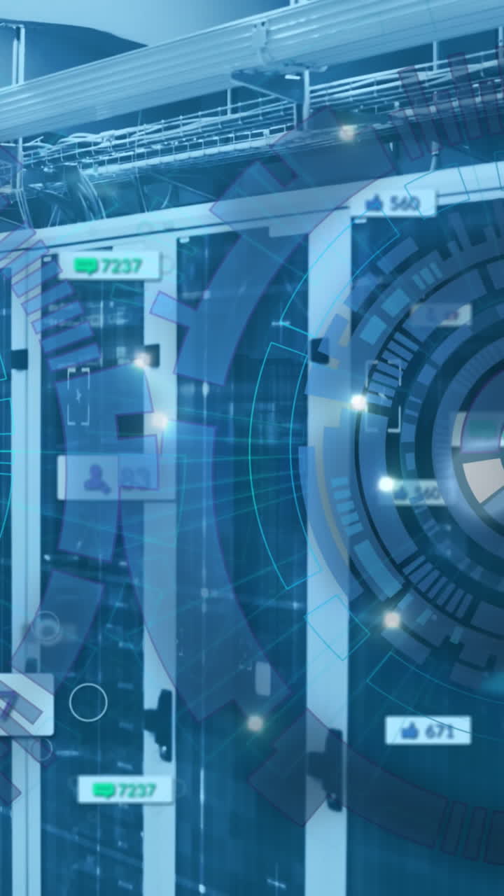 animación del procesamiento de datos y el escaneo de alcance sobre la sala de servidores