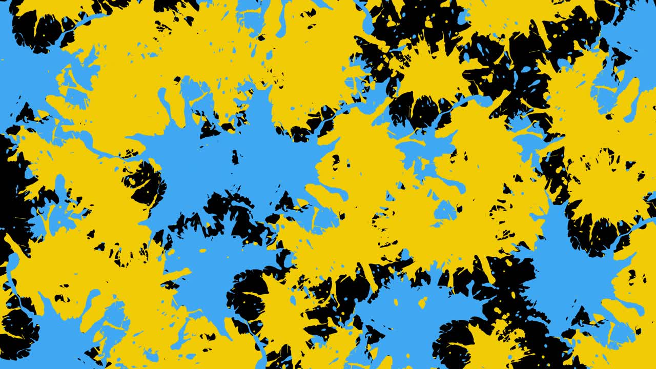 animación de salpicaduras azules y amarillas de pintura sobre fondo negro