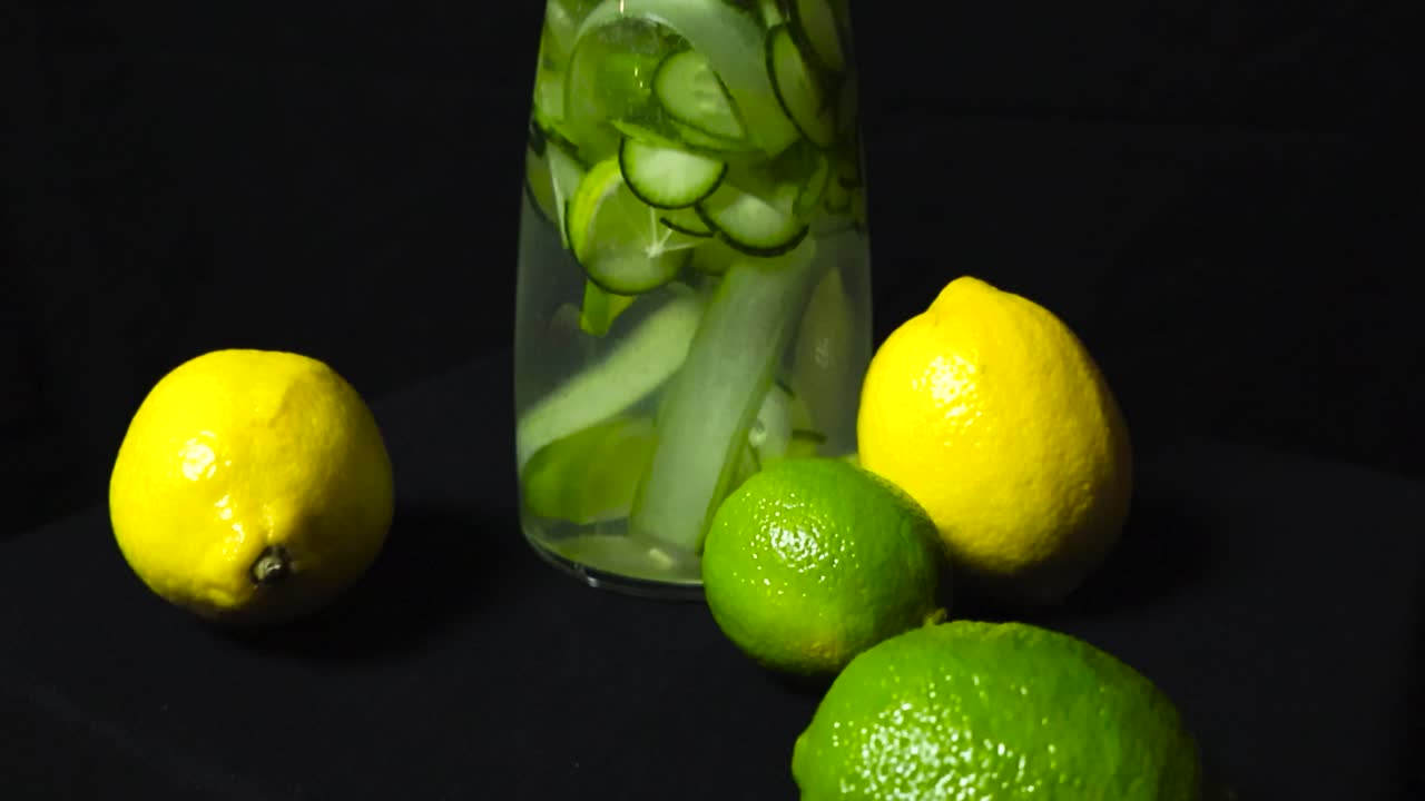 Close up or close up footage of lemon and lime citrus fruit in front of a glass reflective carafe what is filled with cucumber and citrus fruit flavored water on a dark black background. Video move up