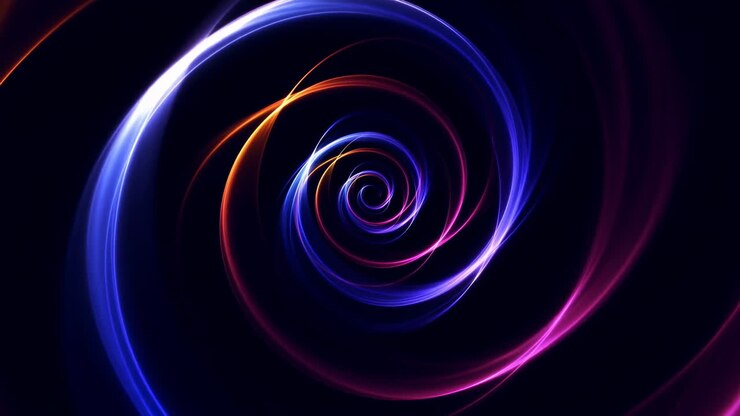 Espiral Neon Colorida em Fundo Escuro, Anéis Concêntricos Brilhantes Girando em Vórtice, Tons Elétricos de Azul