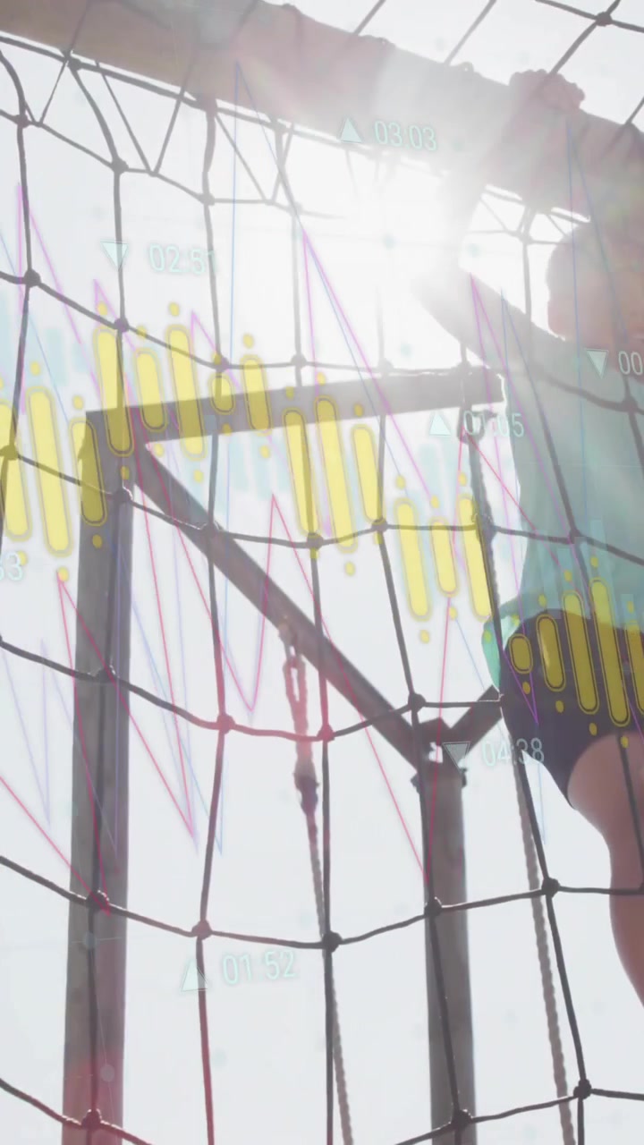 Children climbing net structure with colorful data graph animation overlay