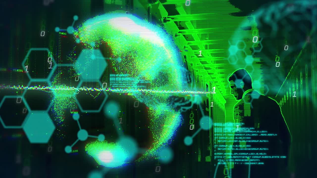 animación del procesamiento de datos sobre el hombre caucásico por servidores informáticos