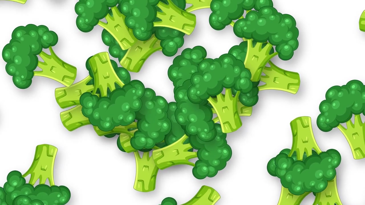 Motivo animato di cimette di broccoli freschi e verdi su sfondo bianco