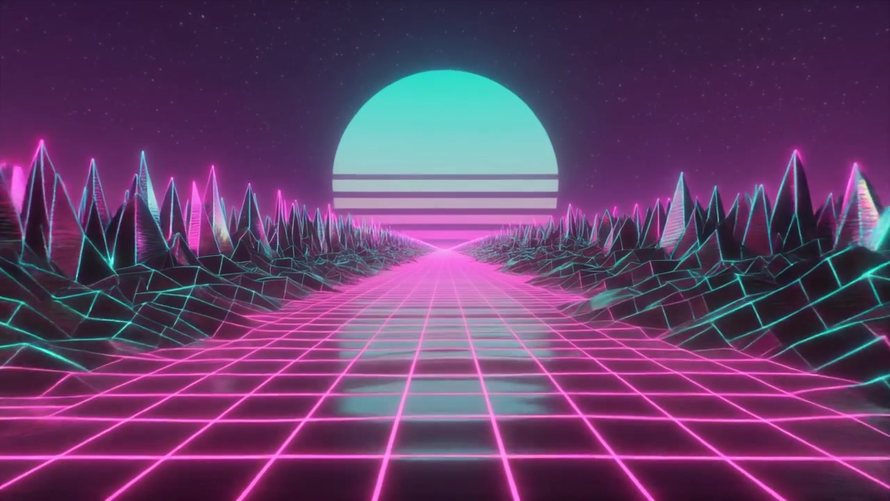 Lanskap Synthwave Retro dengan Kisi dan Matahari Bercahaya