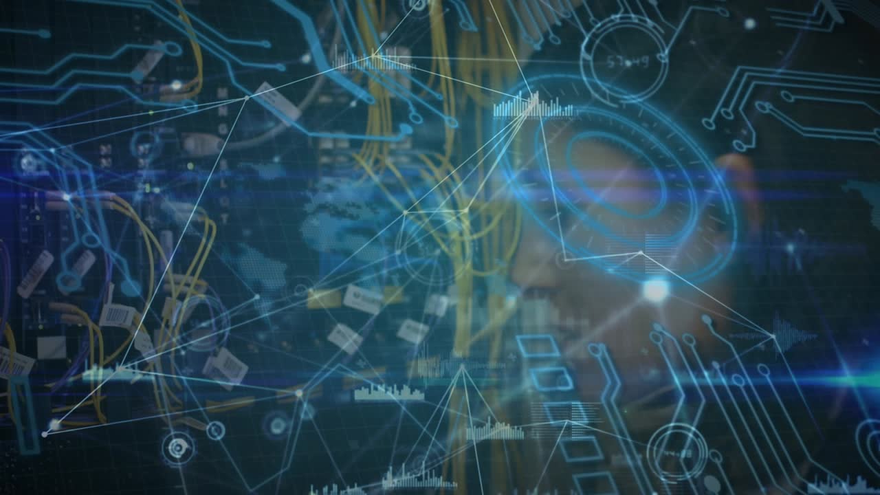 Animation of interconnected dots, infographic interface over caucasian woman working in server room