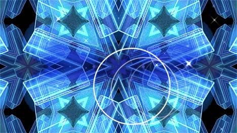 Animation-of-blue-glowing-kaleidoscoping-shapes-over-black-background