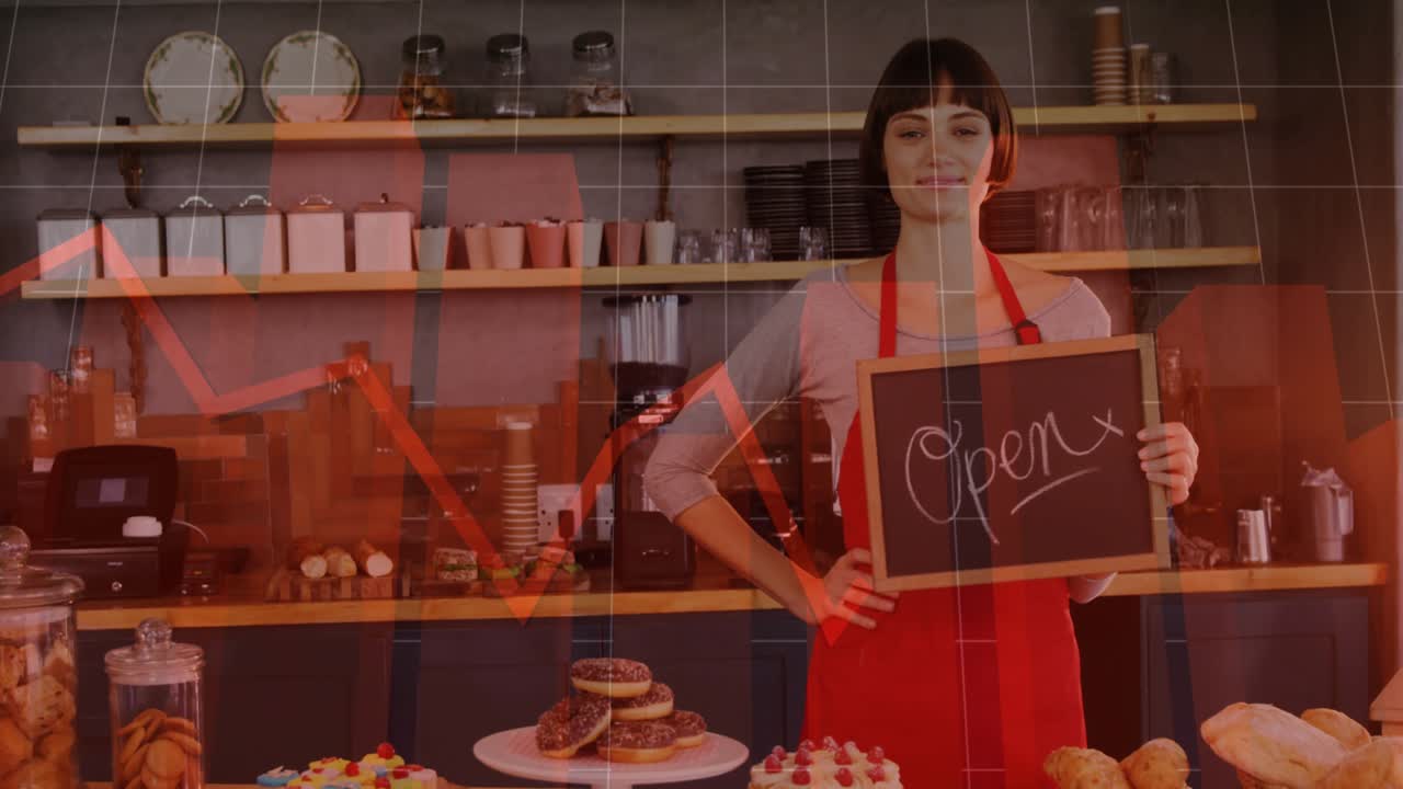 Cameriera del caffè che posiziona il cartello 'Aperto' mentre una griglia di grafico a linee rosse appare gradualmente monitorando le vendite della panetteria