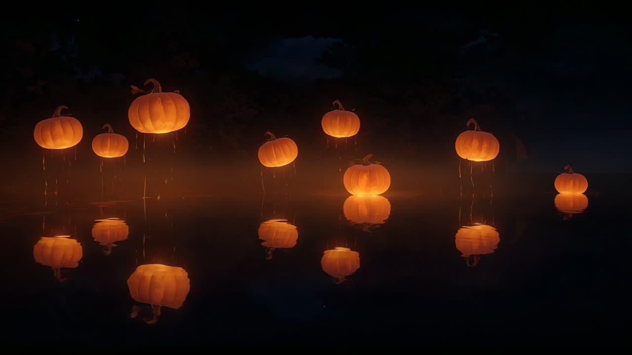 Rising glowing pumpkins drifting across misty lake after nightfall, creating warm glow