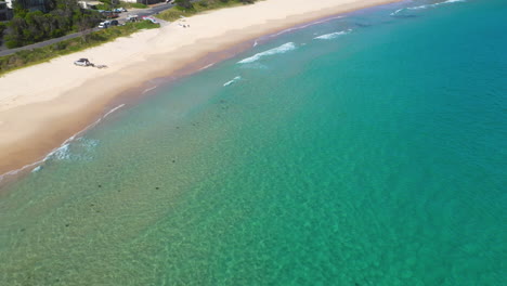 Australian-Seal-Rocks-Boat-Beach-on-New-South-Wales-coastline,-aerial-reveal