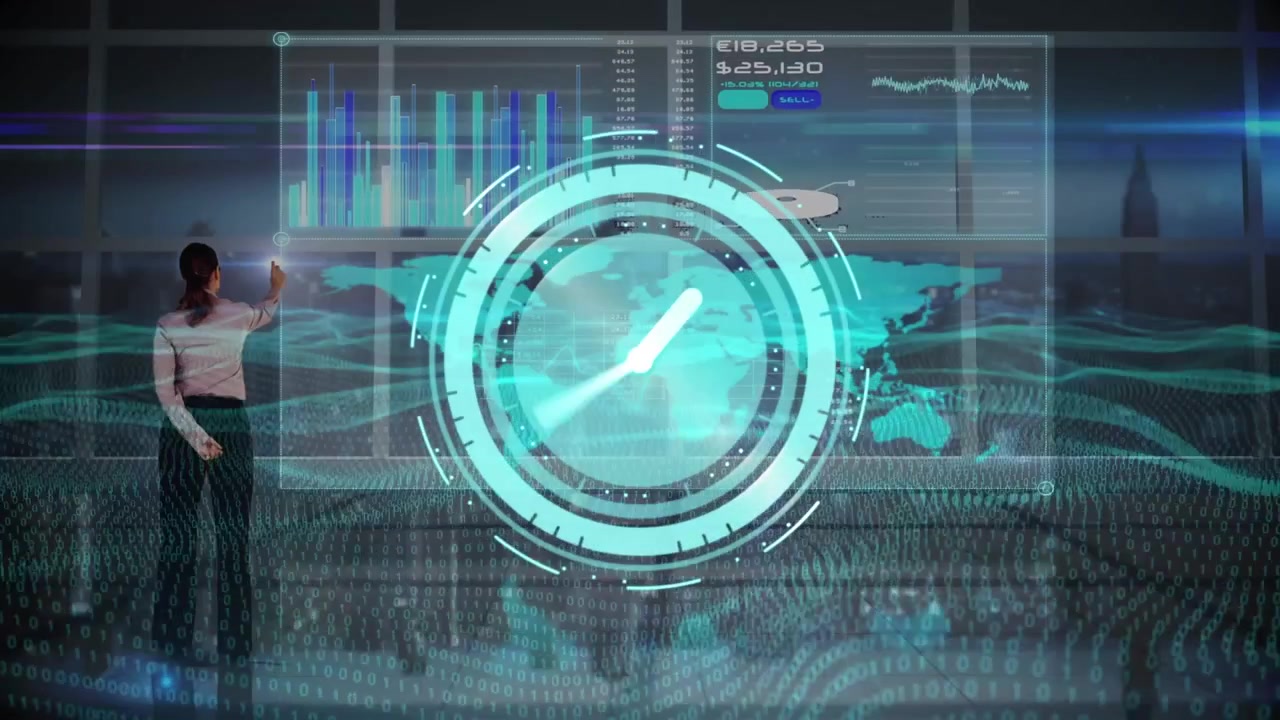 Animation of neon ticking clock over rear view of businesswoman against data processing