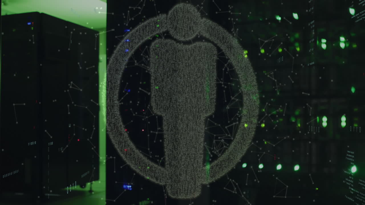 animación del icono de la gente y procesamiento de datos sobre la sala del servidor