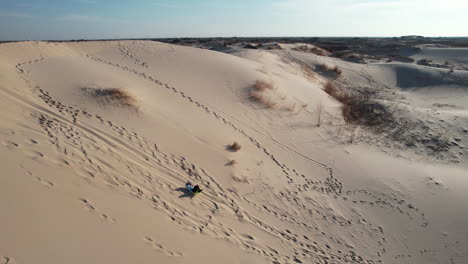 aerial view of person sledding down sandy hill of dune in desert landscape of monahans sandhills state park, texas usa, drone shot