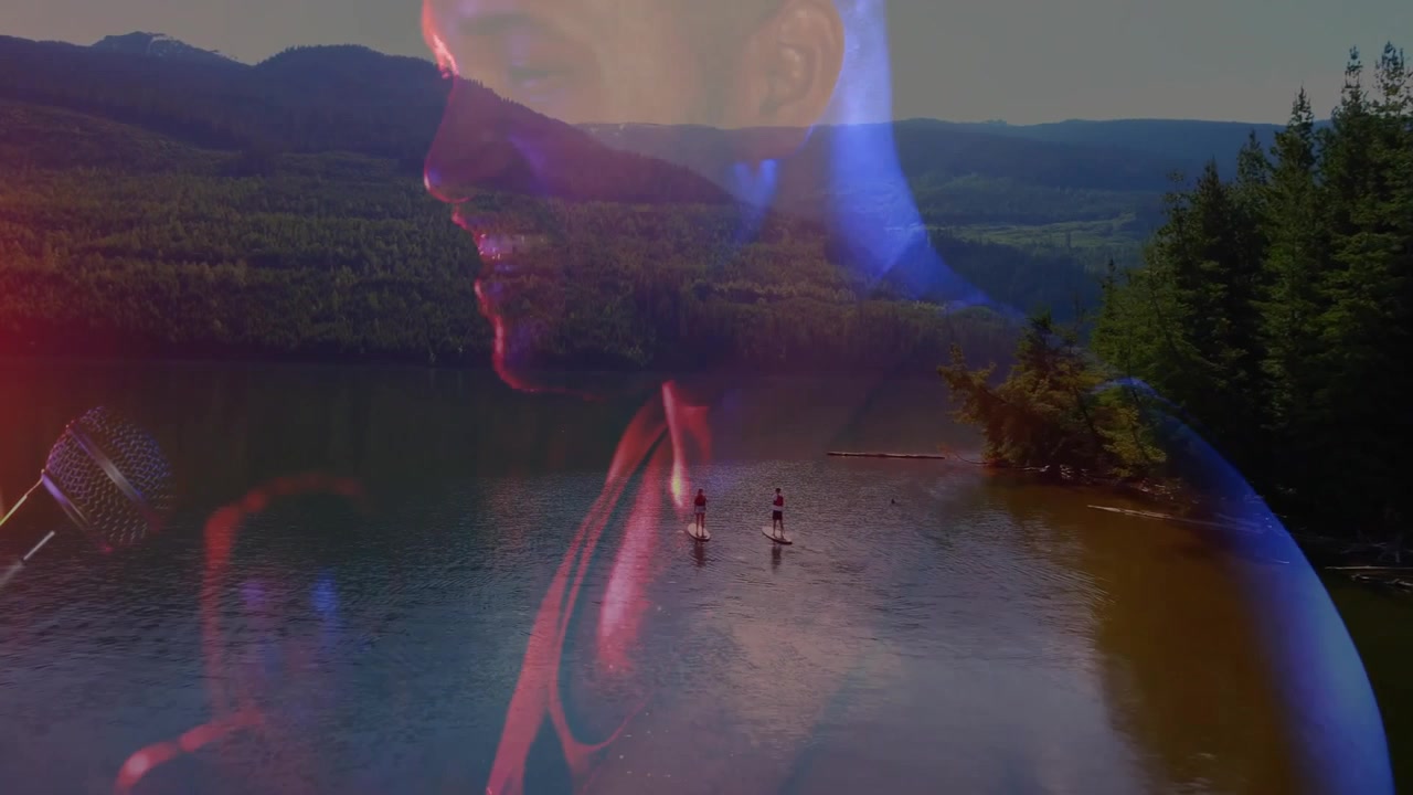 Man performing music under stage lights, overlaying animated paddleboard shapes on lake