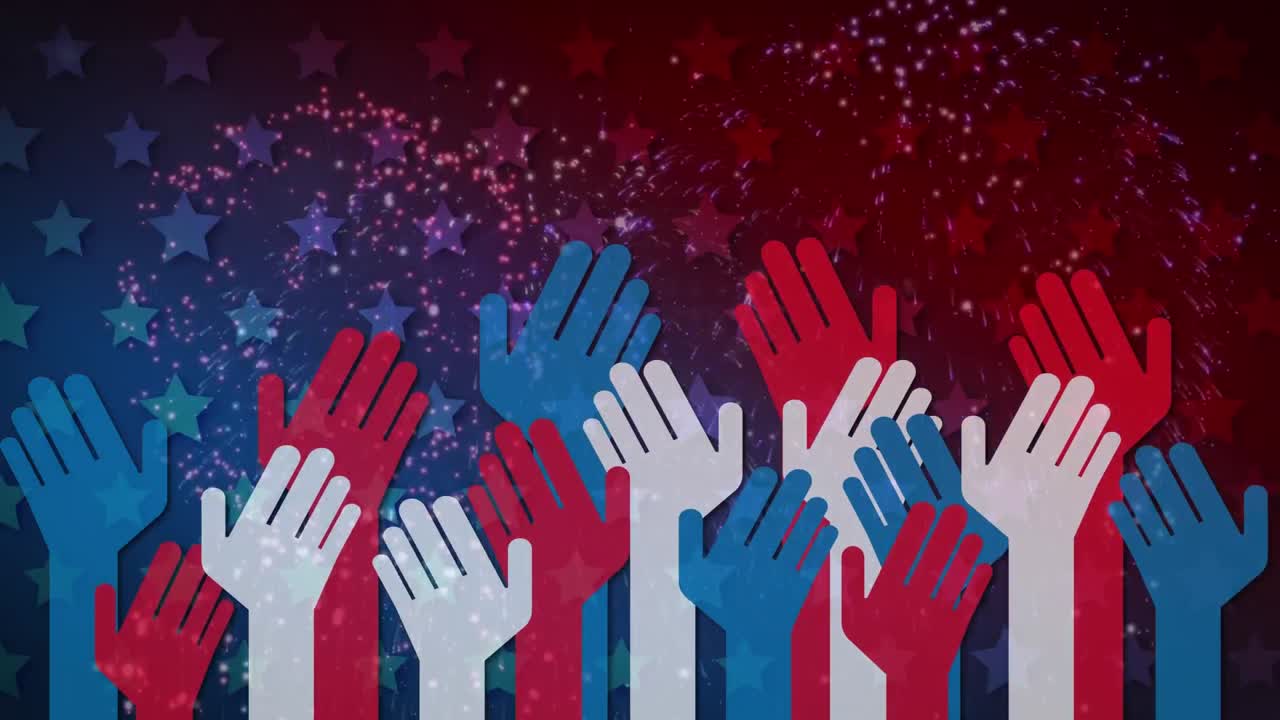 Animation of fireworks exploding over hands cut outs and stars of american flag waving