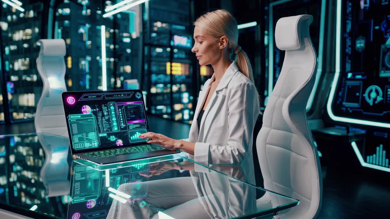 Woman working on a futuristic laptop in a high-tech office