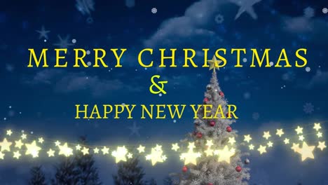 Animation-of-merry-christmas-and-happy-new-year-text-over-christmas-tree-and-snow-falling