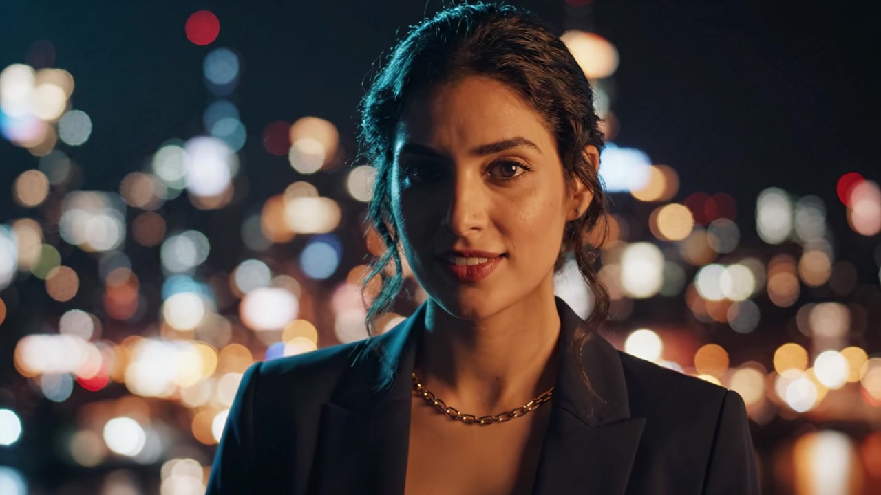 Ritratto accattivante di una donna su uno sfondo di paesaggio urbano vibrante con luci sfocate, che mostra profondità di emozione ed eleganza serale in un'atmosfera urbana
