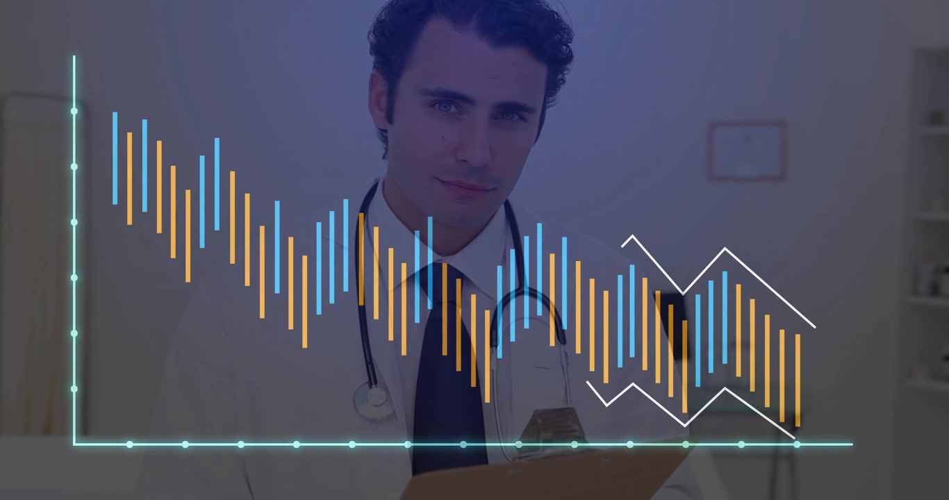Medico che prende appunti mentre appare una sovrapposizione che monitora una cartella clinica, tracciando le tendenze dei dati.