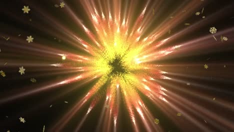 Animation-of-gold-christmas-snowflakes-falling-over-rotating-yellow-and-red-light-beams