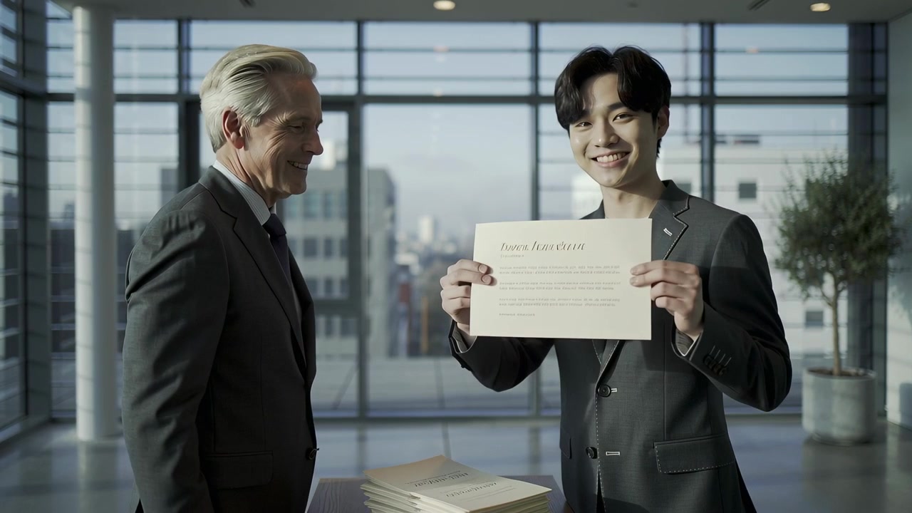 Shaking after senior handshake Asian man in suit at office taking manila file unfolding certificate
