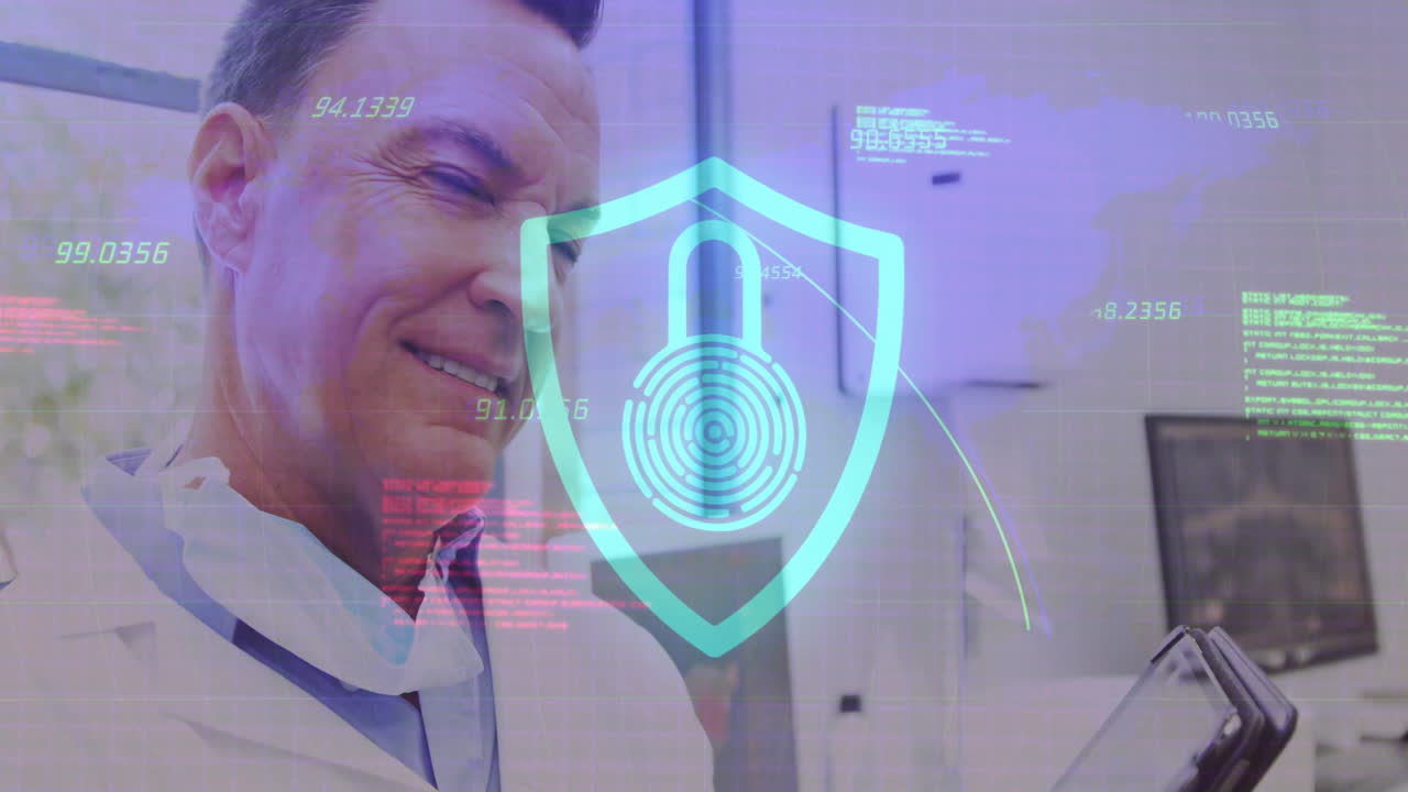 Animation of data processing with padlock icon over caucasian male doctor using tablet in hospital