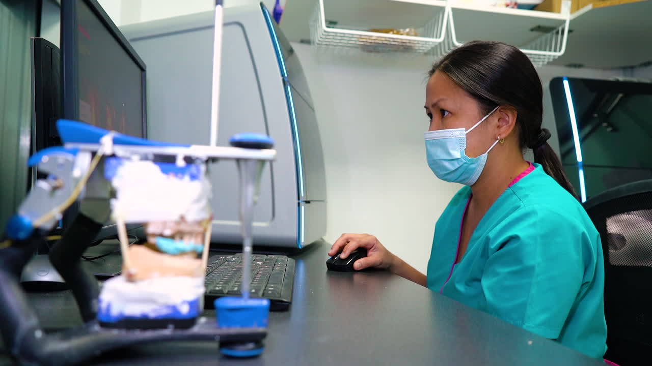 Static shot of a dentist technician working on the computer in the laboratory