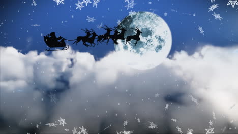 Animation-of-snowflakes-over-silhouette-of-santa-claus-in-sleigh-pulled-by-reindeers-against-moon