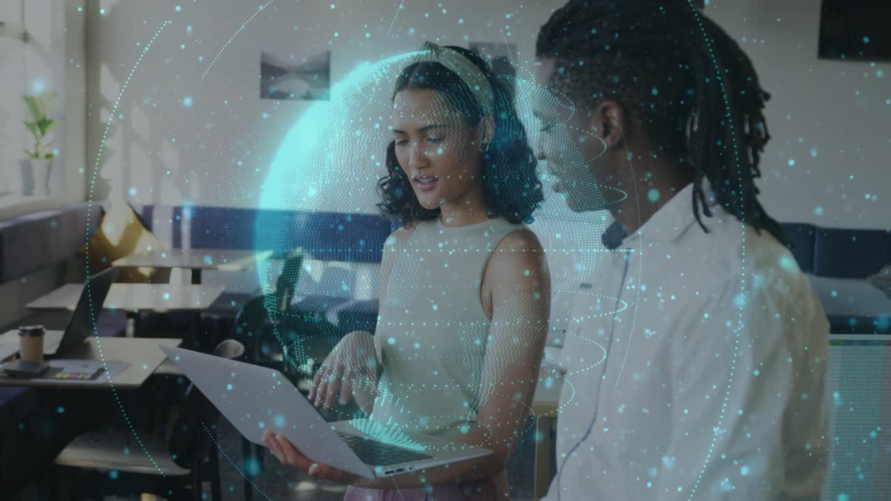 Office woman positioning laptop screen and causing rotating holographic globe for tech data review
