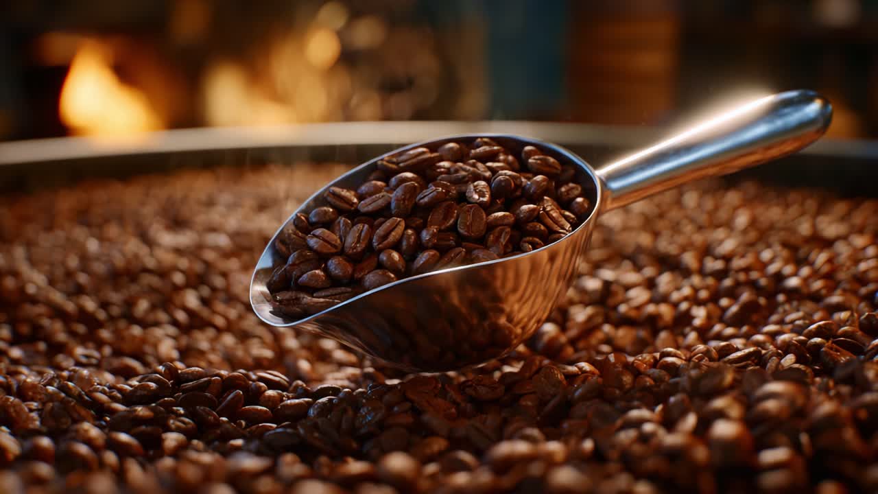 Ristede, brune kaffebønner i en metalskovl mod en varm baggrund, der fremkalder aroma og smag. Perfekt til kaffeelskere og kulinariske entusiaster.