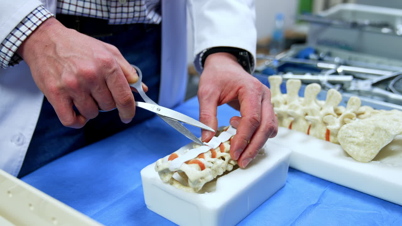 Male hands hold and use the scissors on the model of human spine. Unrecognized doctor points at vertebrae teaching students. Close up.