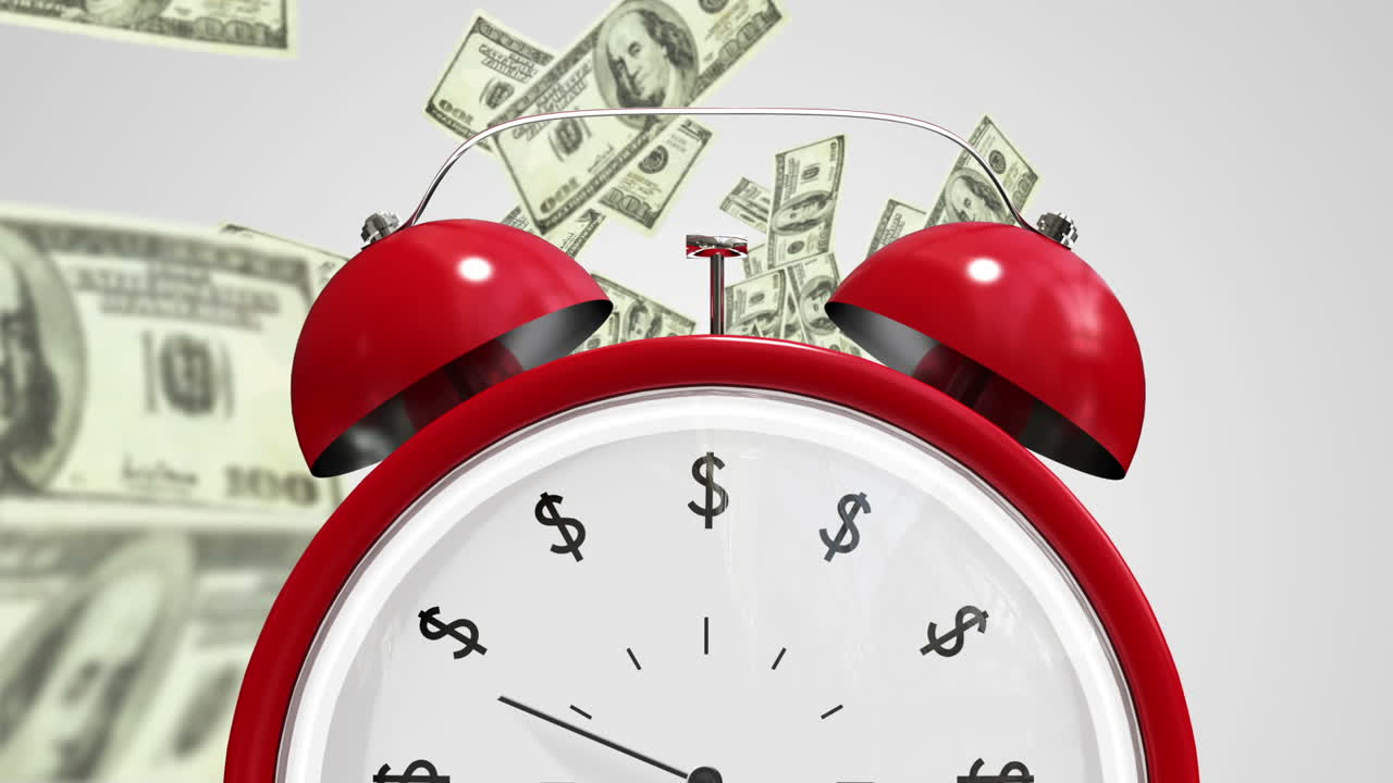 billetes de dólar cayendo con el reloj despertador