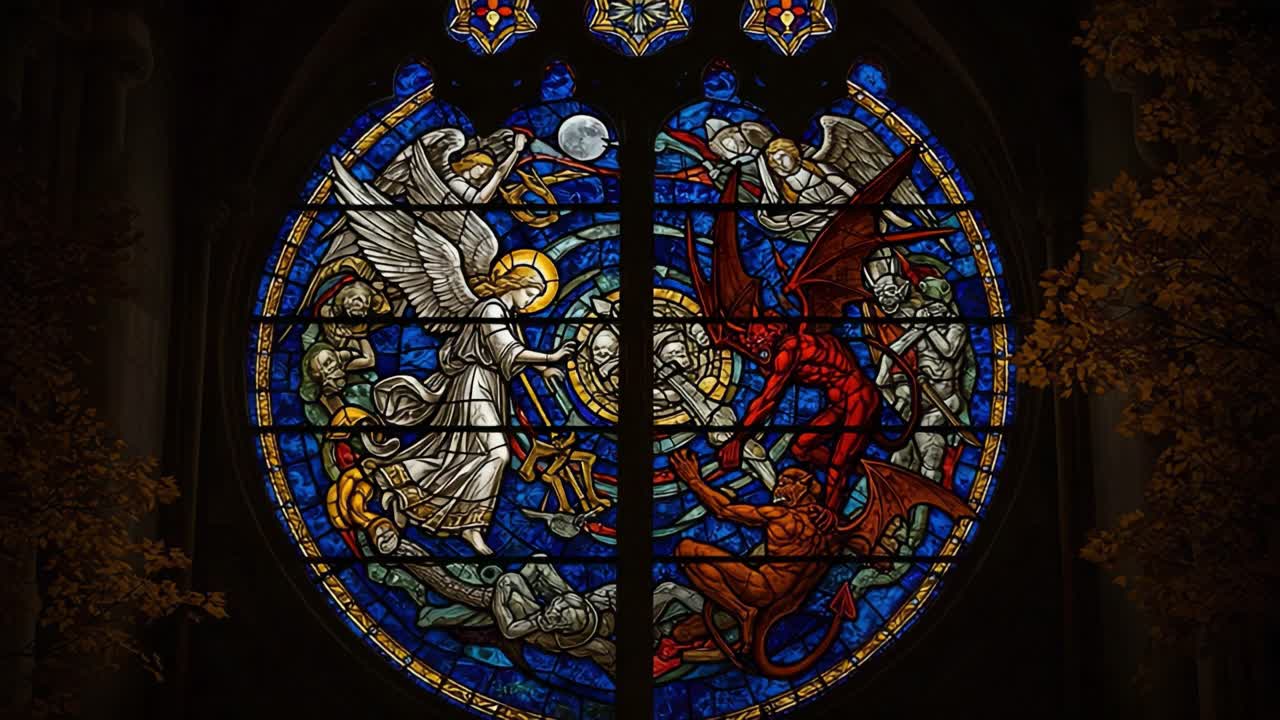 A Stunning Stained Glass Window Depicting the Battle Between Angels and Demons Illuminated by Soft Light, Evoking Themes of Good versus Evil and Divine Intervention
