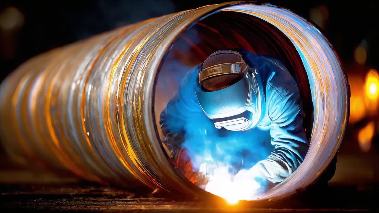 Welding Process Within Metal Pipe: A Skilled Welder Focuses on Precision While Creating Sparks and Joy in a Darkened Environment