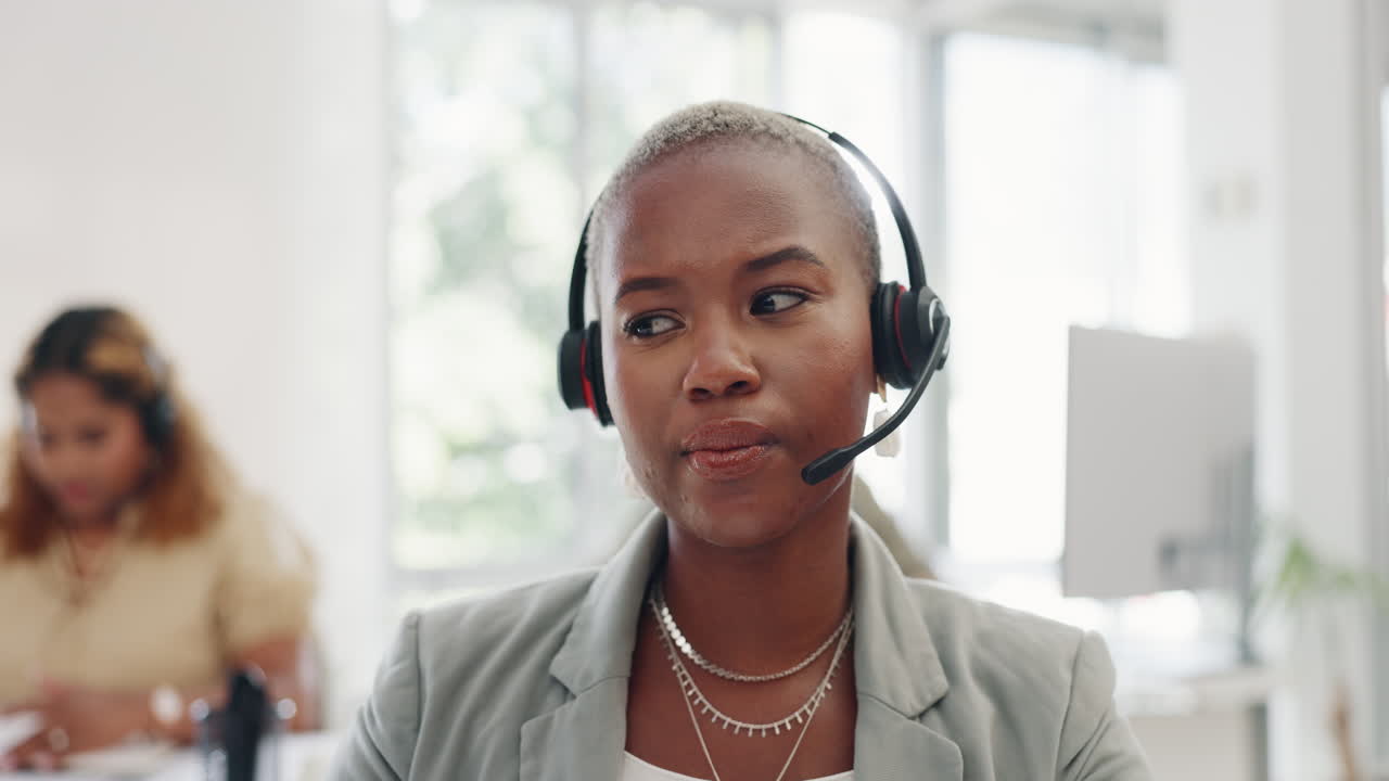 Woman, confused face or call center talking