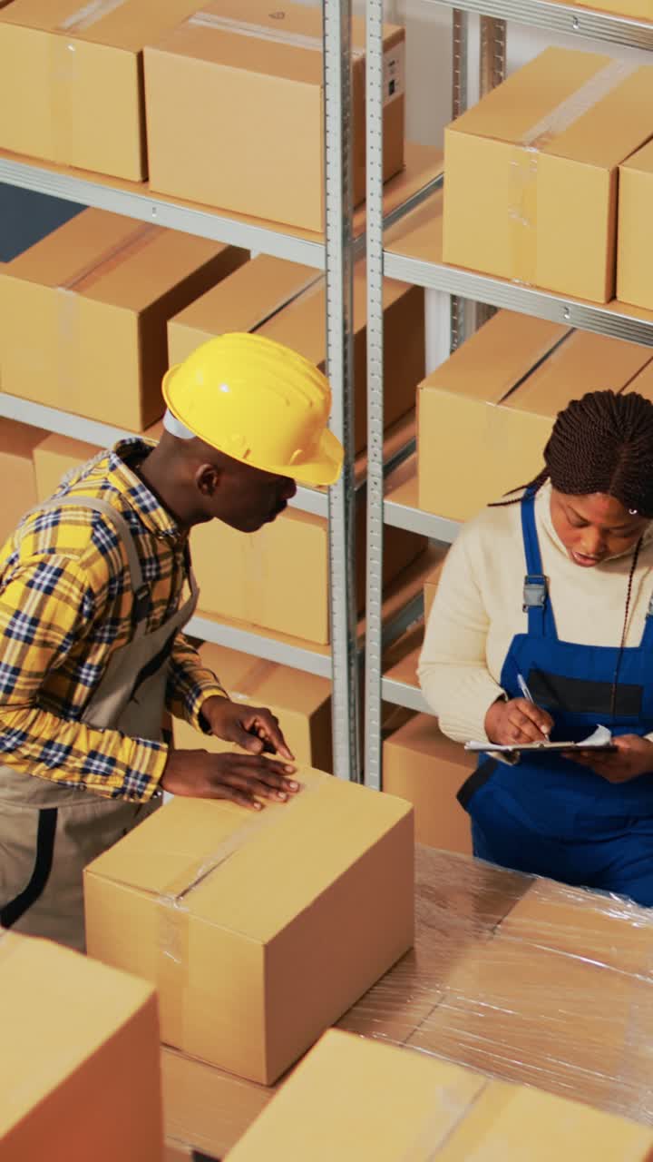 Vertical video: Warehouse workers organizing goods in packs